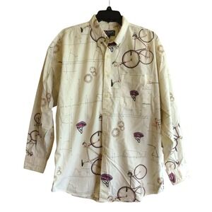 VTG Chaps Ralph Lauren BUTTON-UP SHIRT Ivory/Multi BIKE BICYCLE PRINT Gears SZ L